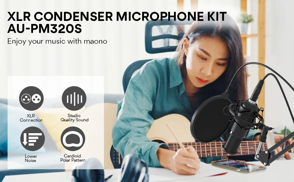 PM320S XLR Condenser Microphone Kit Professional Cardioid Vocal Studio Recording Mic for Streaming Voice Over Home-Studio