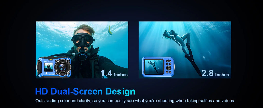 4K Underwater Camera 33FT Waterproof Camera for Snorkeling Dual-Screen Compact Dustproof Floatable Autofocus 64MP Digital Camera