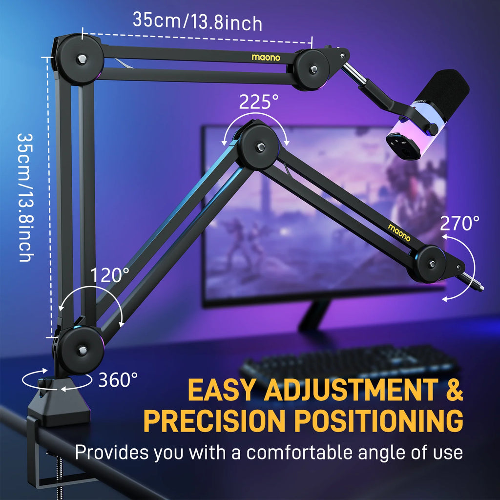 MAONO BA37 Microphone Boom Arm Heavy Duty Adjustable Metal Suspension Mic Stand Upgraded Desk Clamp 3/8" to 5/8" Screw Adapter