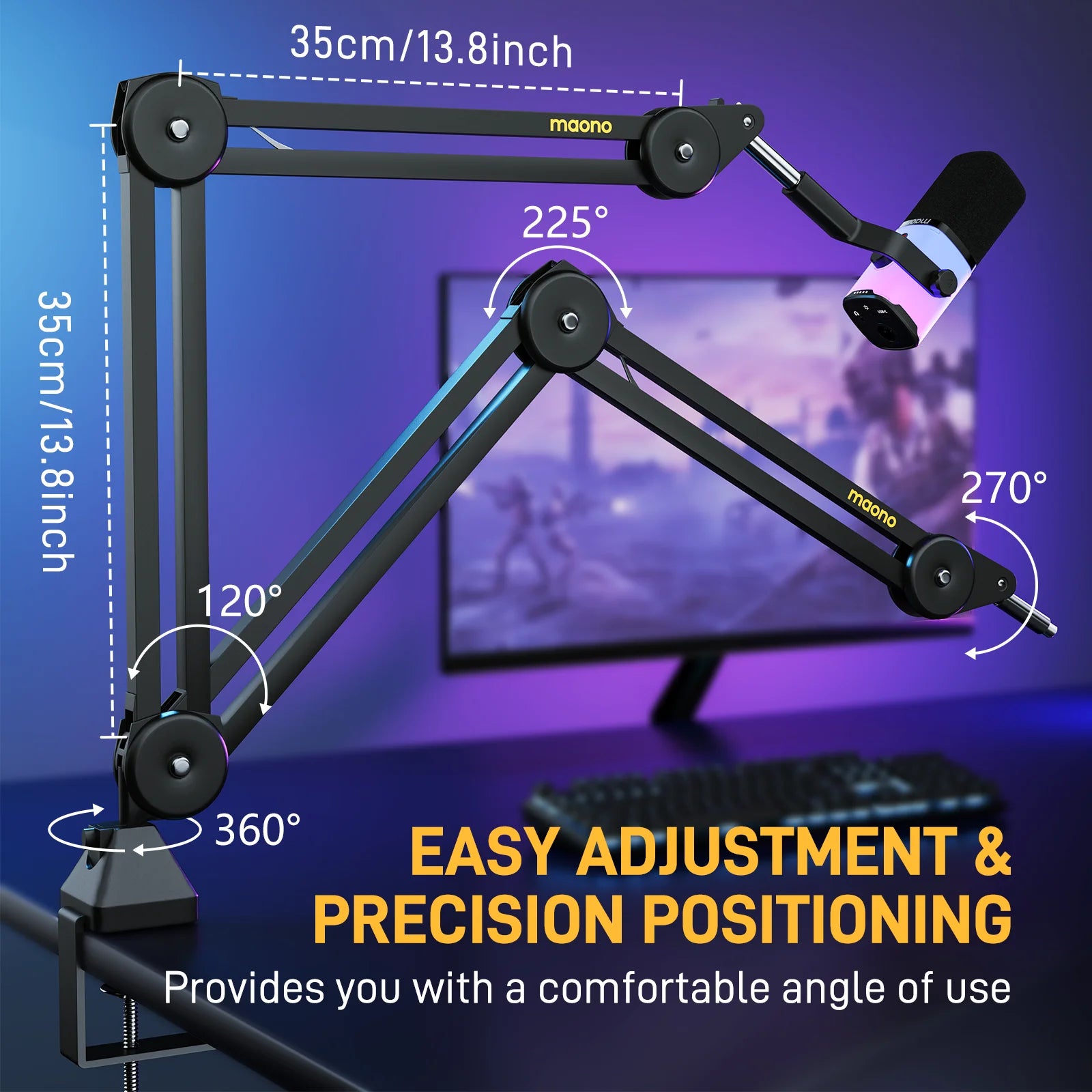 MAONO BA37 Microphone Boom Arm Heavy Duty Adjustable Metal Suspension Mic Stand Upgraded Desk Clamp 3/8" to 5/8" Screw Adapter