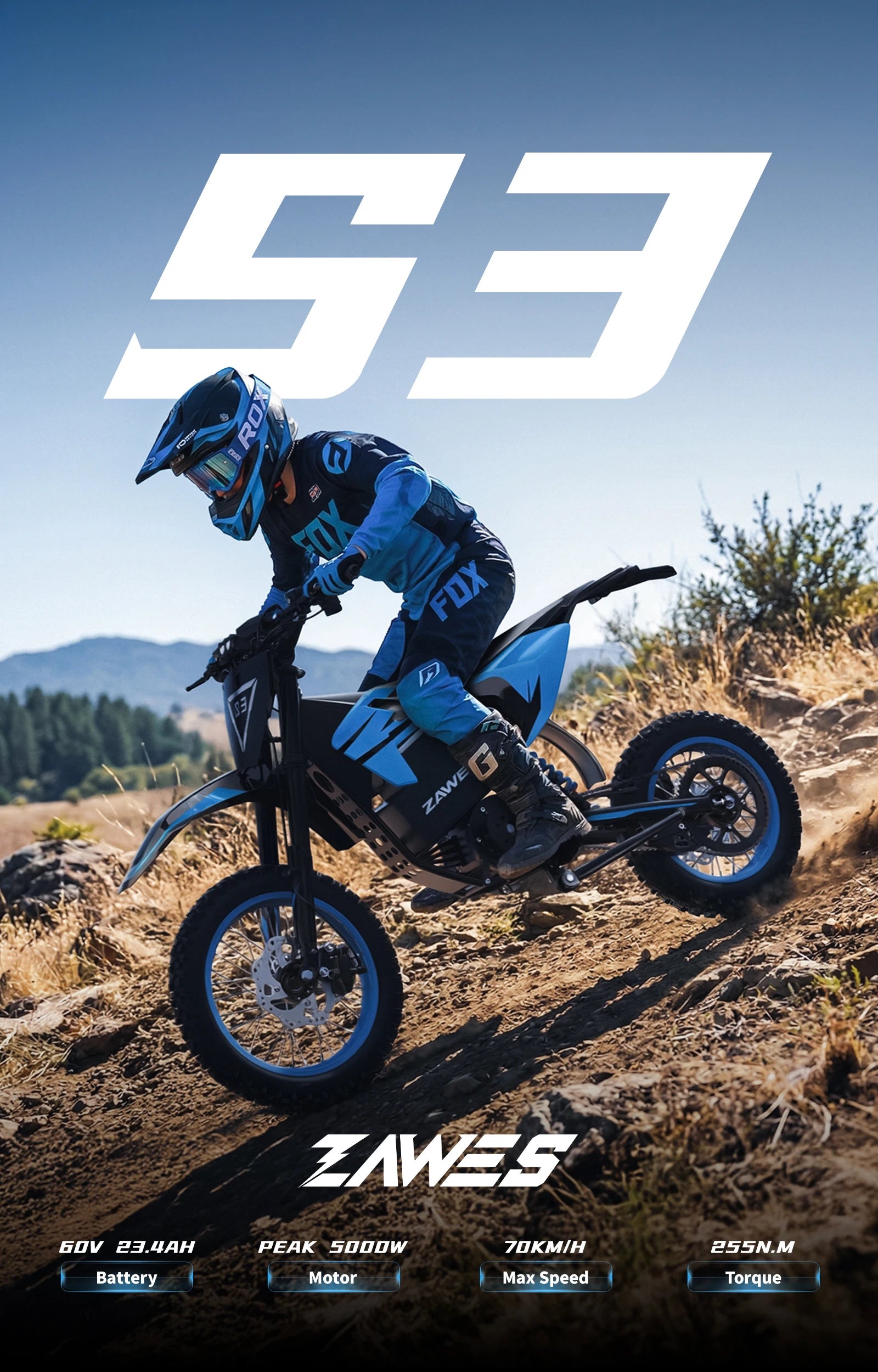 Electric Motorcycle ZAWES S3 60V 23.4AH E-Cross Bike Hydraulic brakes 46MPH 2000W Mountain Off-Road Ebike