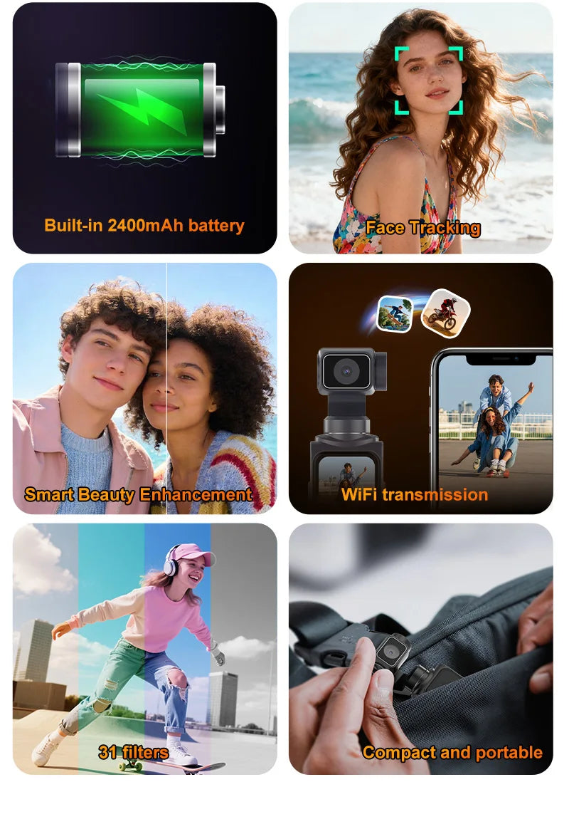 Ourlife 4K Action Camera 330° Face Tracking Gimbal Stabilizer 1.72 Inch Touch Screen 64MP Pocket Digital Camera WiFi Sports Cam