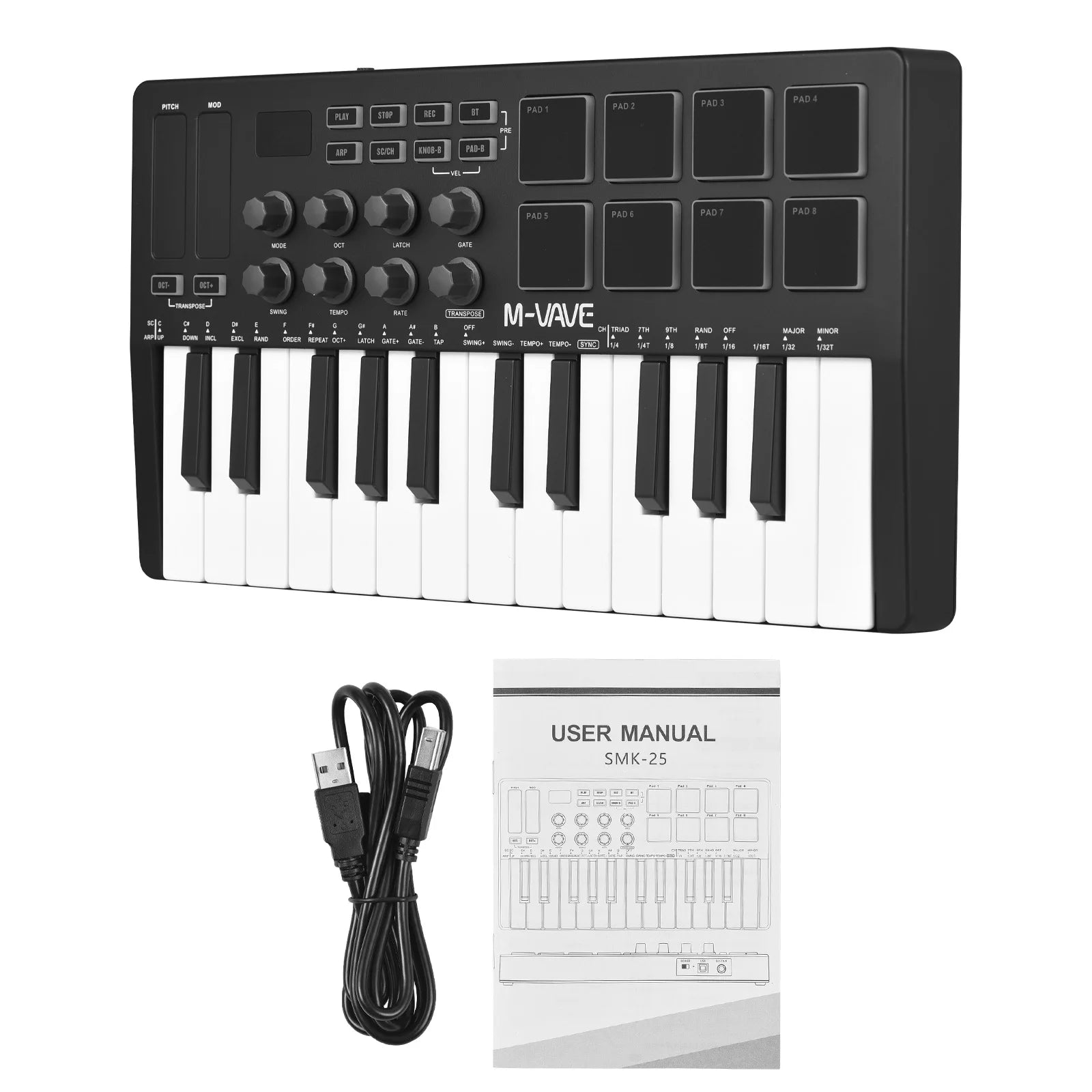 M-VAVE MIDI Keyboard Controller Beat Maker Machine Rechargeable 25 Keys MIDI Keyboard Arranging Strike Pad RGB MIDI Assignable