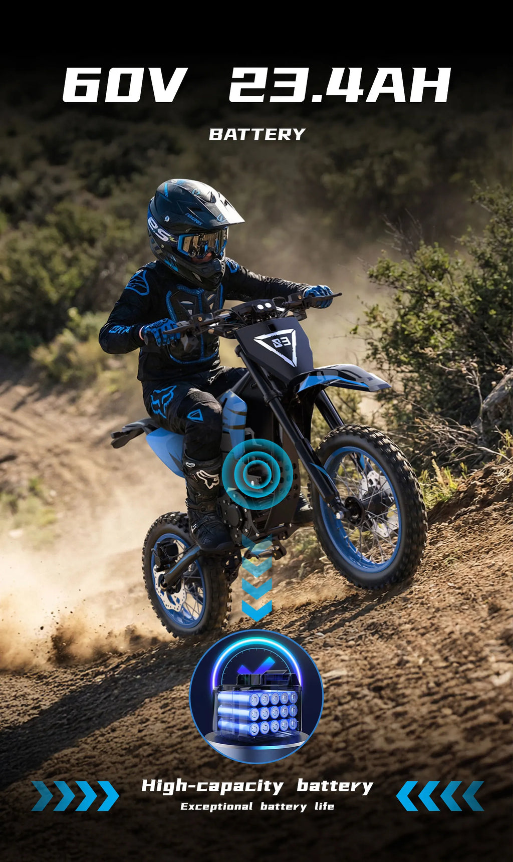 Electric Motorcycle ZAWES S3 60V 23.4AH E-Cross Bike Hydraulic brakes 46MPH 2000W Mountain Off-Road Ebike