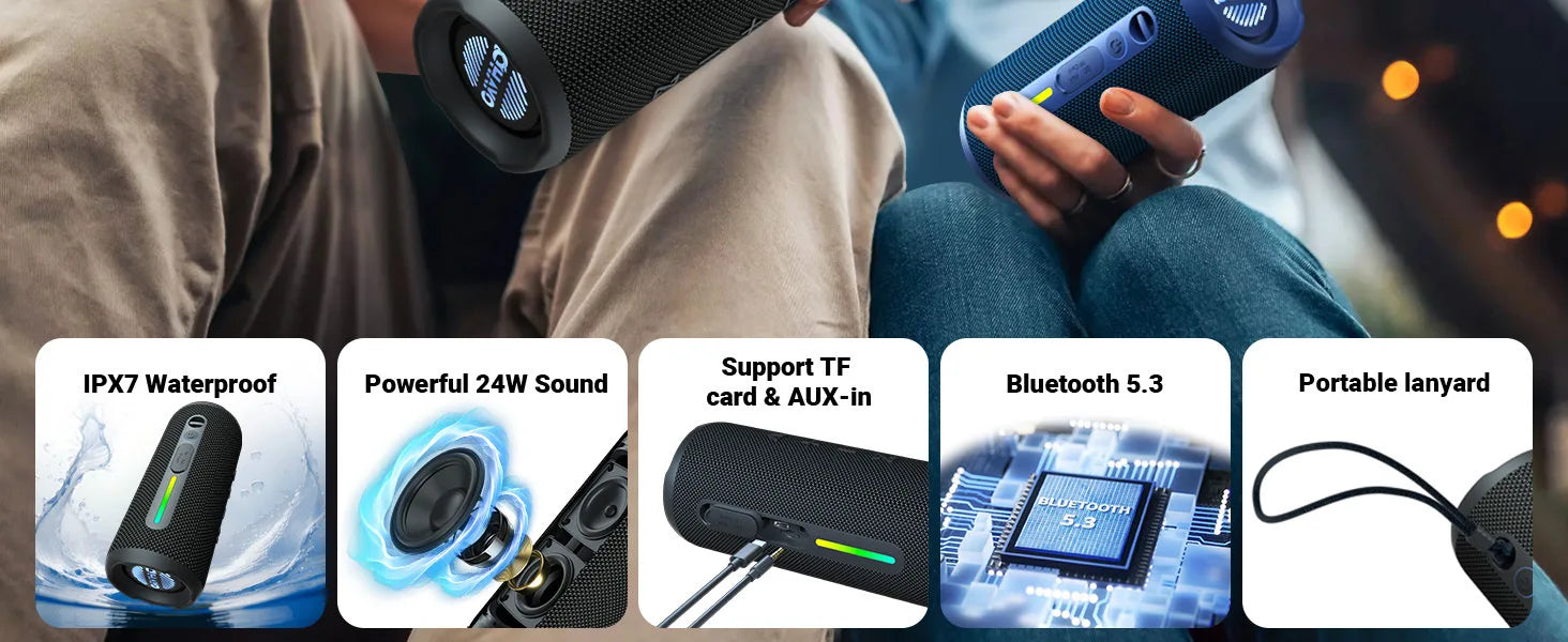 OHAYO Bluetooth Speaker 24W, Wireless Portable Outdoor Bluetooth Speakers, True Wireless Stereo IPX7 Waterproof, Dual Pairing Bluetooth 5.3 Built-in Mic