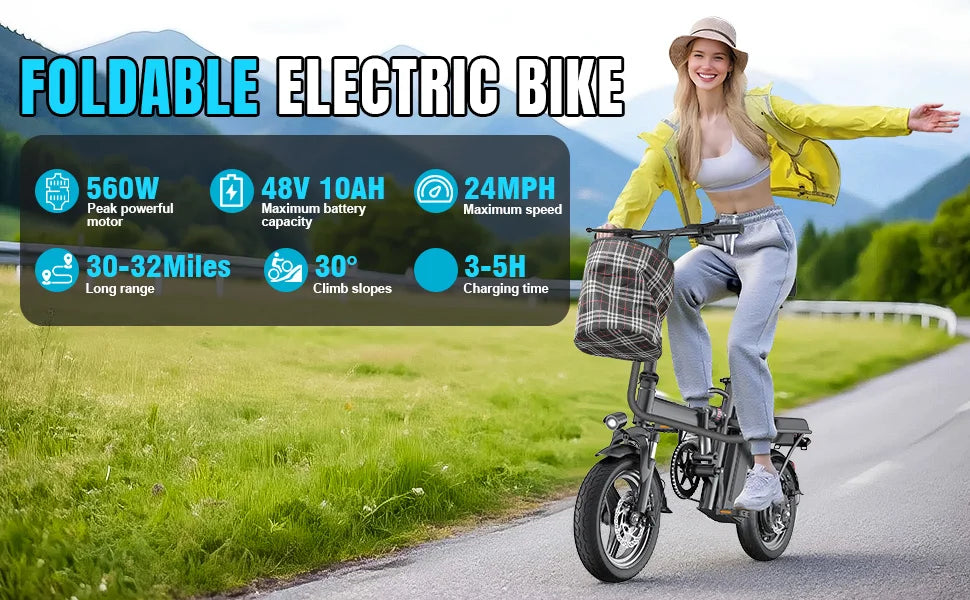 560W Adult Electric Bikes,24MPH,48V10.4AH Removable Battery,14inch Folding Electric Bike,Multi-Shock Absorption Electric Bicycle