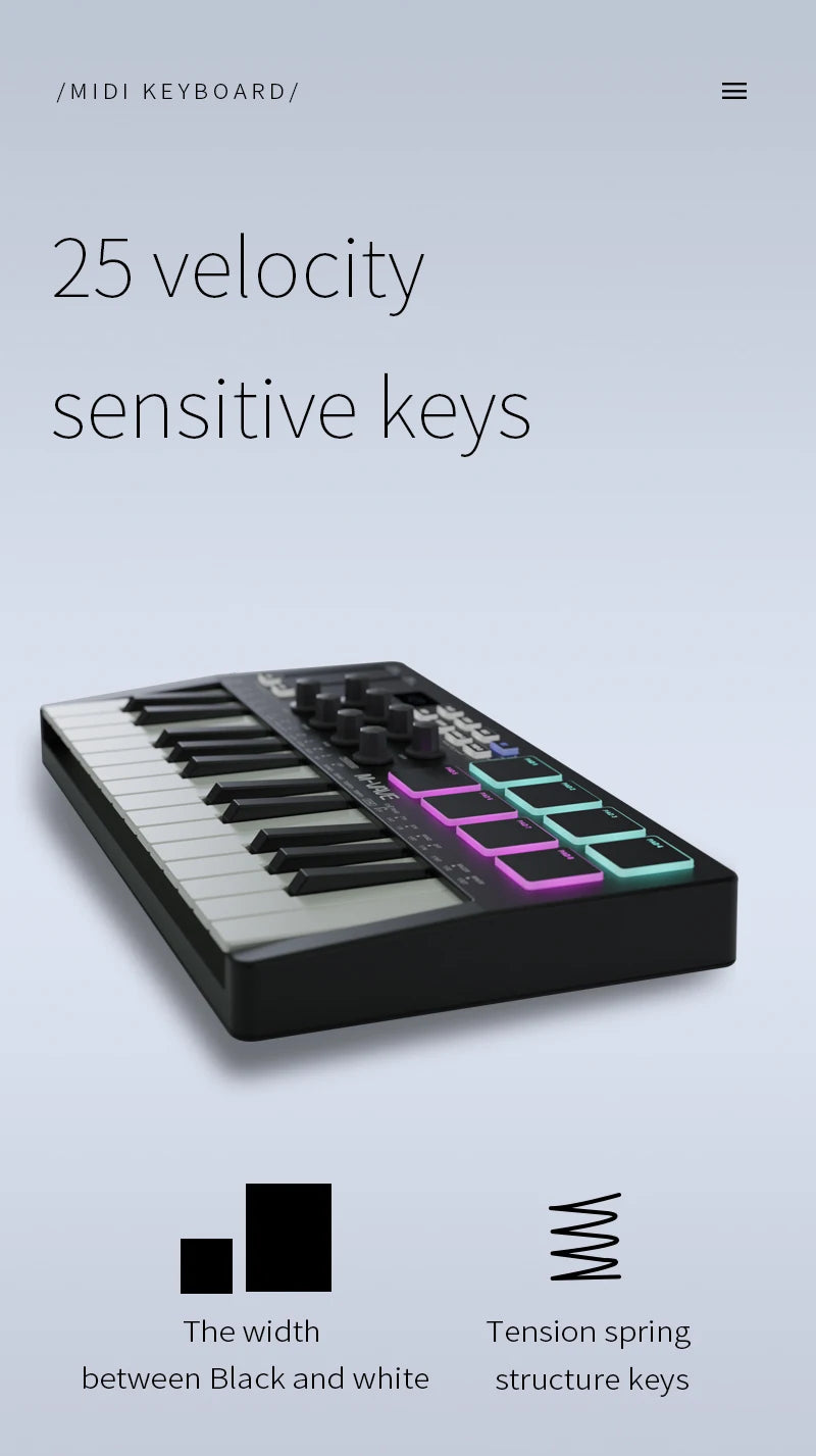 M-VAVE MIDI Keyboard Controller Beat Maker Machine Rechargeable 25 Keys MIDI Keyboard Arranging Strike Pad RGB MIDI Assignable