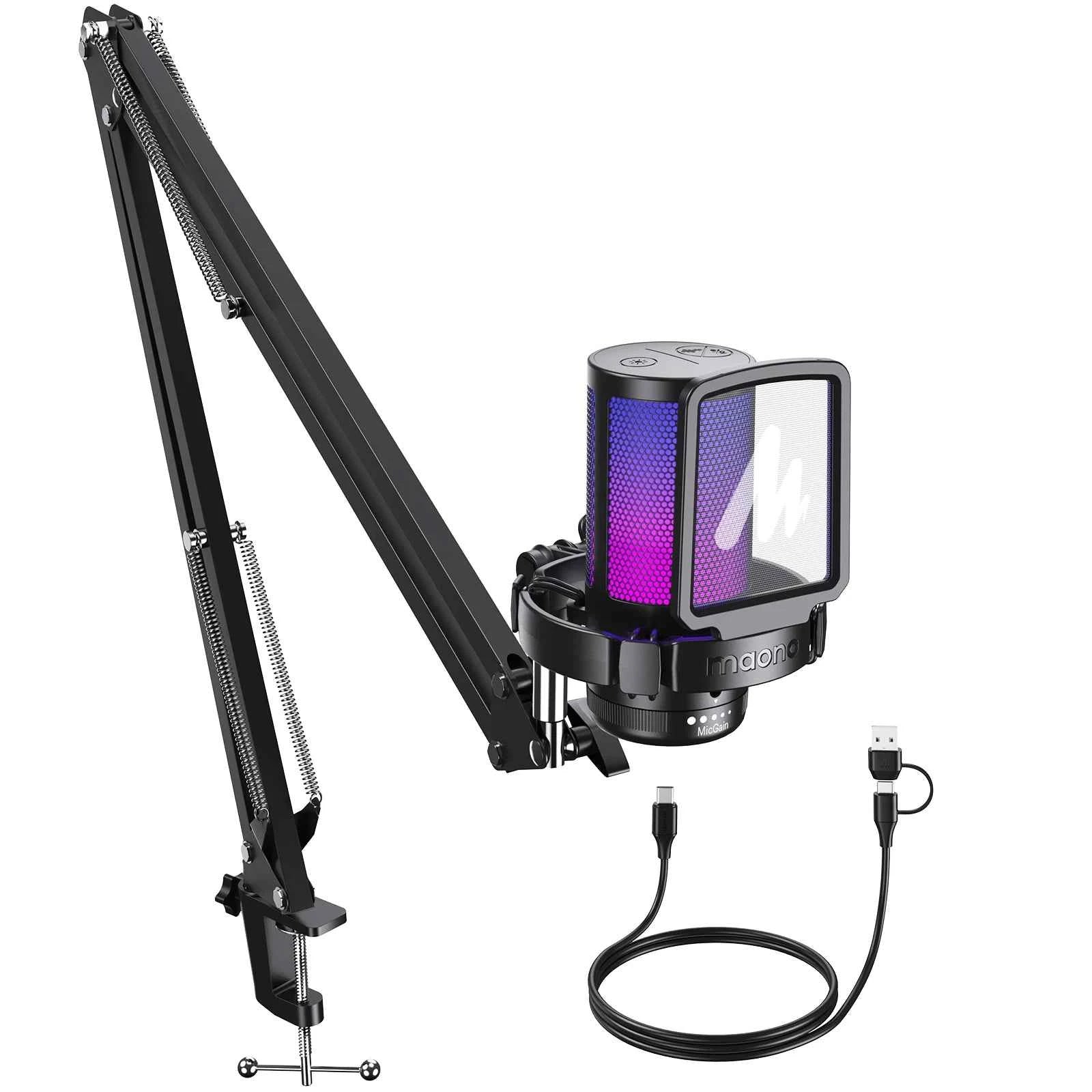 maono DGM20S Gaming USB Microphone Condenser Mic with RGB Light Noise Cancellation Boom Arm for Streaming Podcast YouTube Tiktok