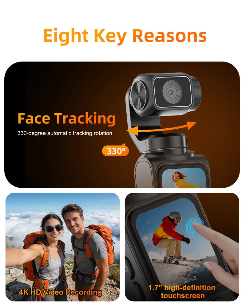 Ourlife 4K Action Camera 330° Face Tracking Gimbal Stabilizer 1.72 Inch Touch Screen 64MP Pocket Digital Camera WiFi Sports Cam