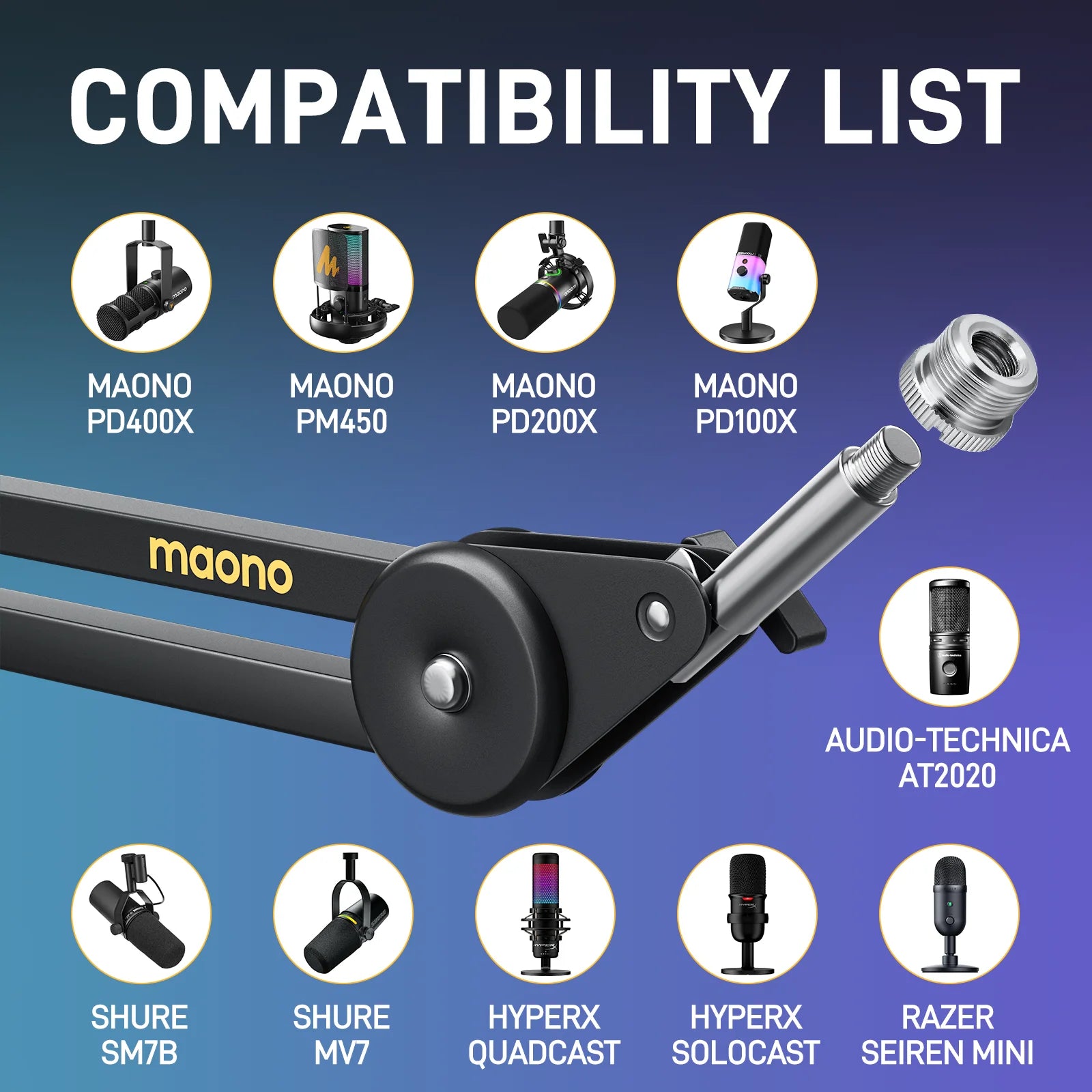 MAONO BA37 Microphone Boom Arm Heavy Duty Adjustable Metal Suspension Mic Stand Upgraded Desk Clamp 3/8" to 5/8" Screw Adapter