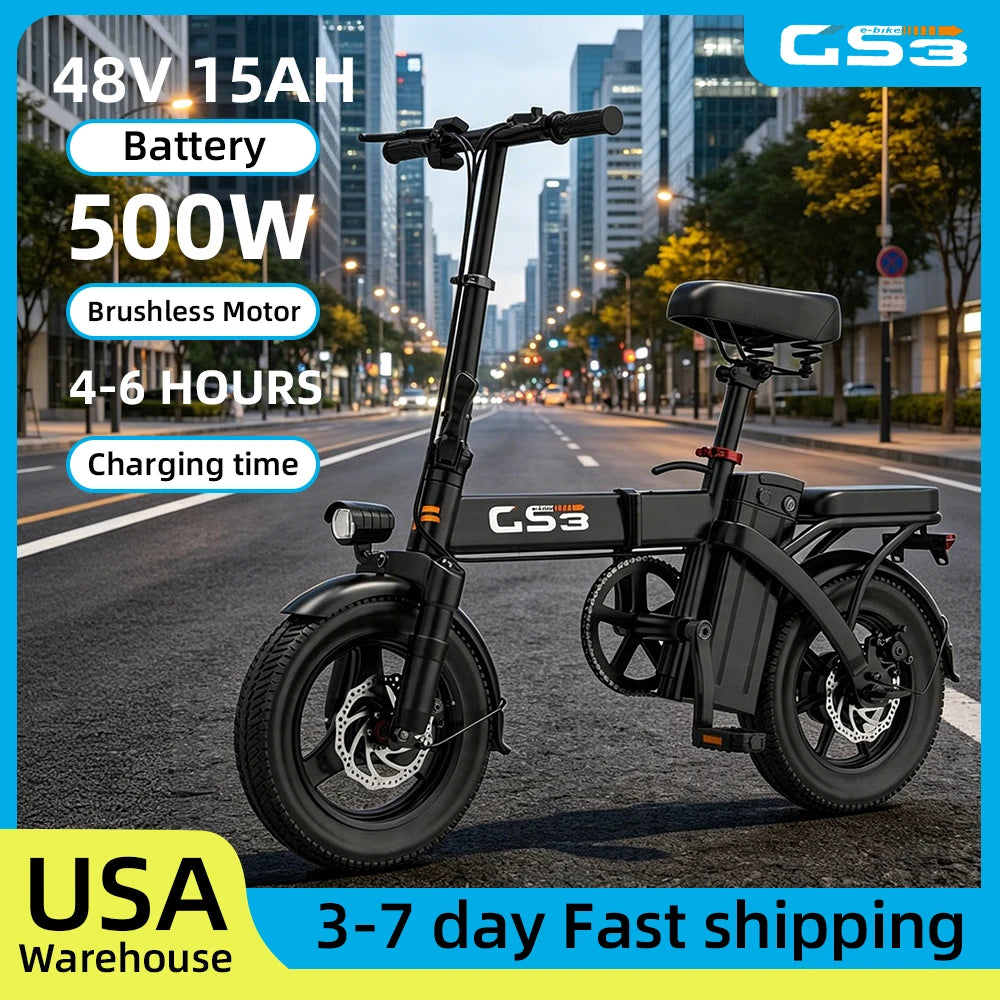 UPlee GS3 14inch Lightweight Folding Electric Bike for Adults 48V 15AH 500W Motor Electric Bicycle 25KM/H Max Speed City Style E-bike