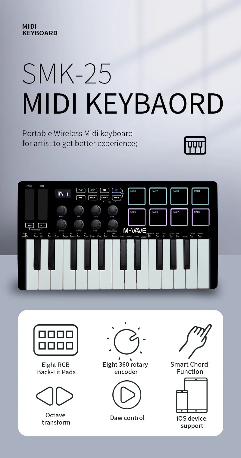 M-VAVE MIDI Keyboard Controller Beat Maker Machine Rechargeable 25 Keys MIDI Keyboard Arranging Strike Pad RGB MIDI Assignable