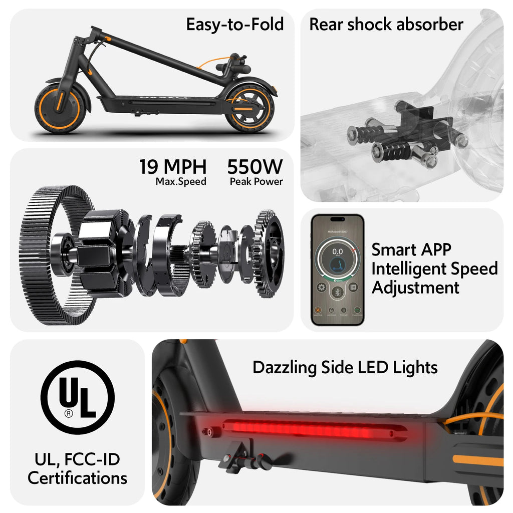 Electric Scooter for Adults, 550W Peak Motor & 19-Mile Range, 360° Lighting, Foldable E-Scooter with App Control