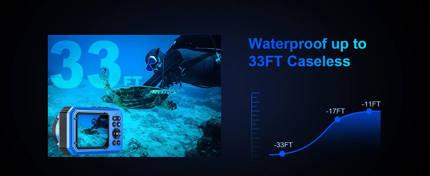 4K Underwater Camera 33FT Waterproof Camera for Snorkeling Dual-Screen Compact Dustproof Floatable Autofocus 64MP Digital Camera