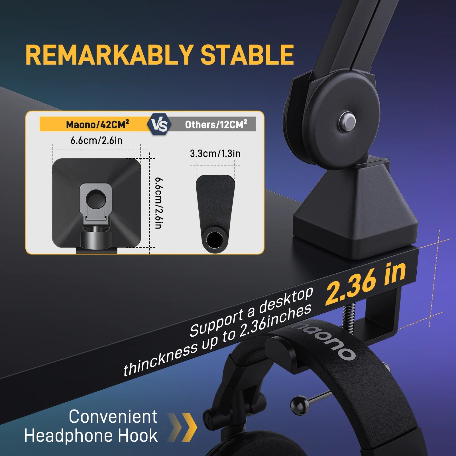 MAONO BA37 Microphone Boom Arm Heavy Duty Adjustable Metal Suspension Mic Stand Upgraded Desk Clamp 3/8" to 5/8" Screw Adapter