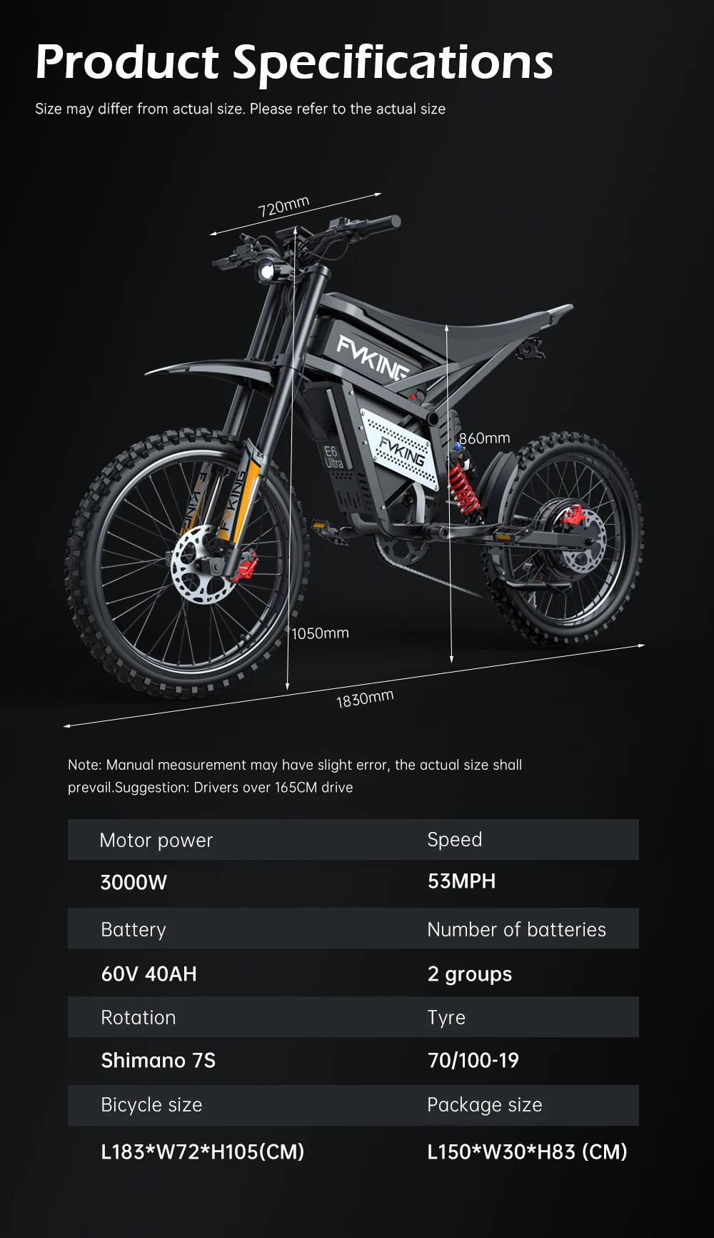 SLDBK E6 Ultra Electric Bike 6000W Peak Electric Dirt Bike 60V 30AH Battery 100km Speed 80Kmh Mountain Electric Motorcycle Adult