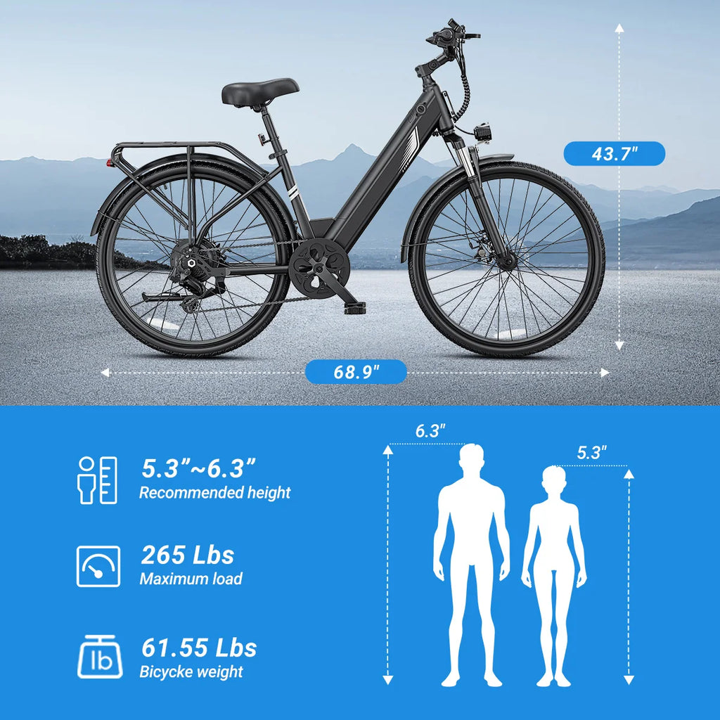 DYU C7 Adult Electric Bicycle 500W Motor 480WH Lithium Battery Electric Bike 7-speed City E bike，Max Speed 20MPH E-BIKE