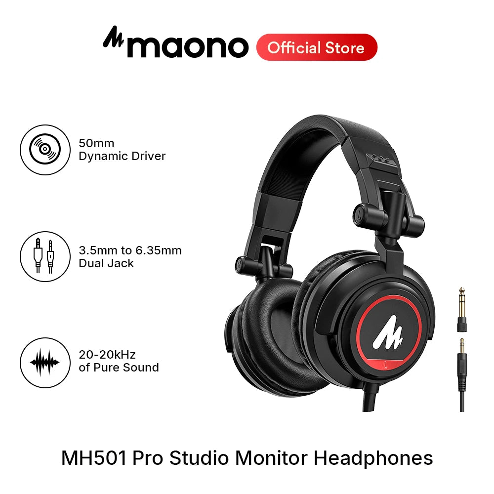maono MH501 Pro Studio Monitor Headphones 50MM Drivers Over Ear Studio Lightweight Foldable Headphone for Phone Computer Podcast