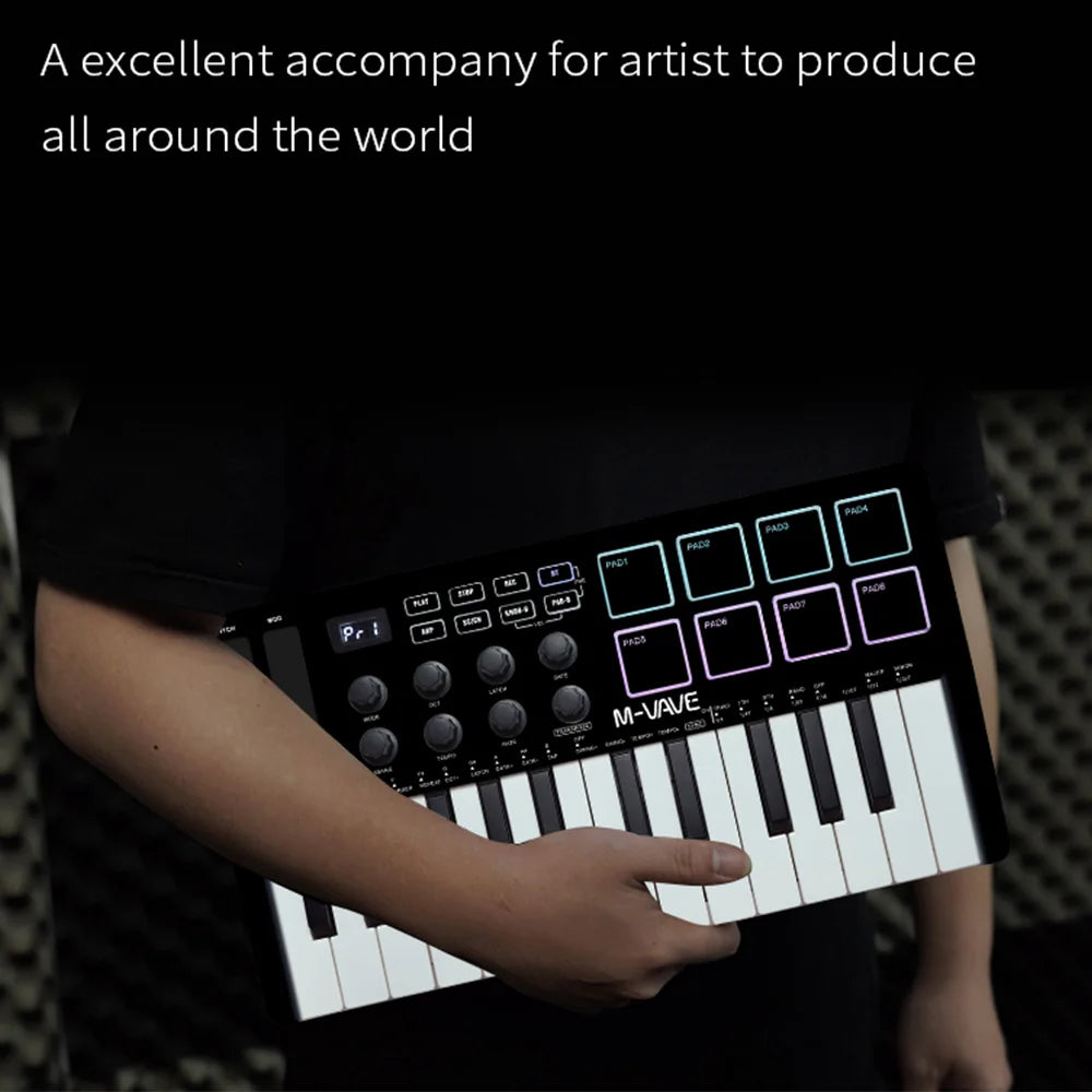 M-VAVE MIDI Keyboard Controller Beat Maker Machine Rechargeable 25 Keys MIDI Keyboard Arranging Strike Pad RGB MIDI Assignable