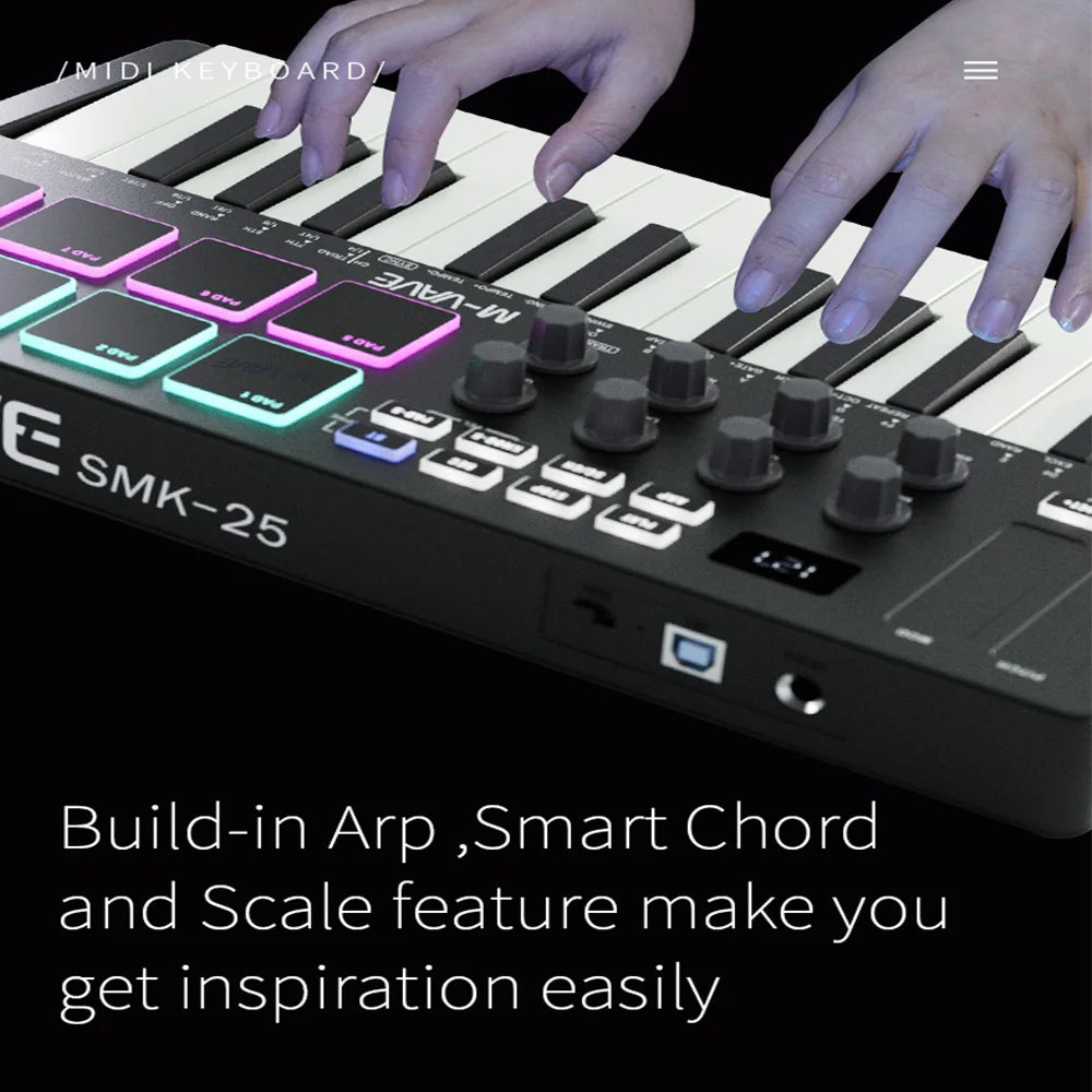 M-VAVE MIDI Keyboard Controller Beat Maker Machine Rechargeable 25 Keys MIDI Keyboard Arranging Strike Pad RGB MIDI Assignable