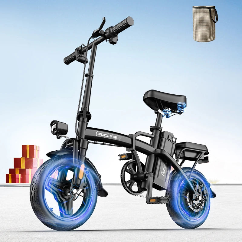 500W Electric Bicycles Ebike E-Bike For Adults, 3-Riding Modes, 14' Foldable Ebike, With Charger And Battery, MAX Speed 19.9 MPH, Rear Disc Brakes, With A Basket And Lock, Durable And Lightweight Frame, All-Terrain Foldable E