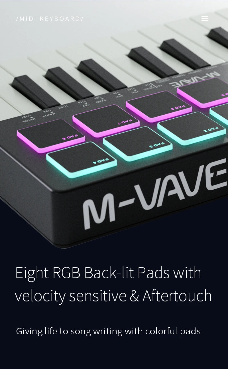 M-VAVE MIDI Keyboard Controller Beat Maker Machine Rechargeable 25 Keys MIDI Keyboard Arranging Strike Pad RGB MIDI Assignable