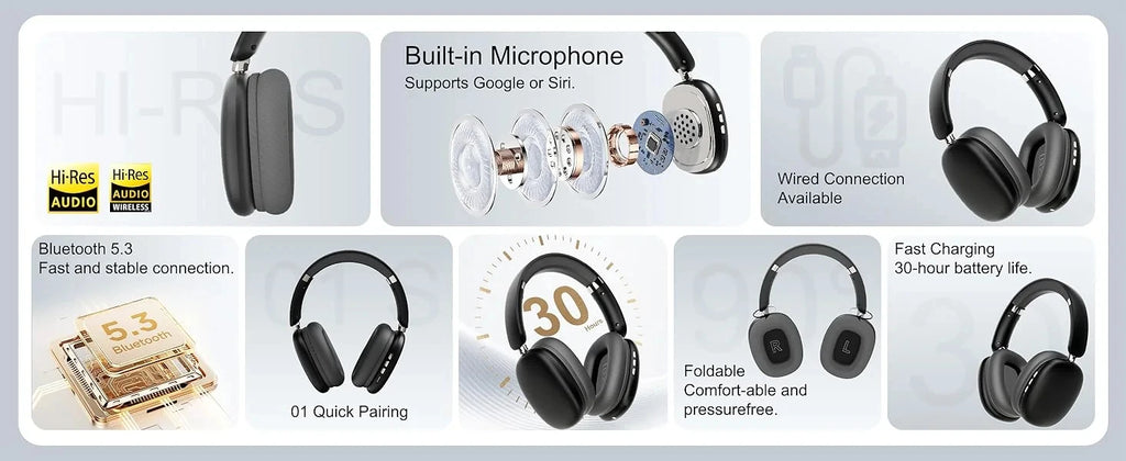 Wireless Bluetooth Headphones High-Resolution Audio Foldable Lightweight Deep Bass Long-Lasting Earphones