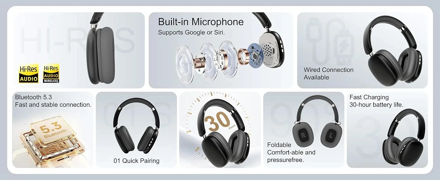 Wireless Bluetooth Headphones High-Resolution Audio Foldable Lightweight Deep Bass Long-Lasting Earphones
