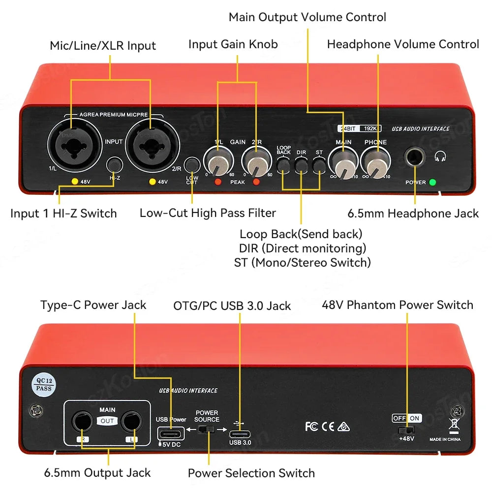 AMIXSQ22 Audio Interface for Recording Computer Free Drive USB External Sound Card for Pc Pro Audio Equipment Professional Video
