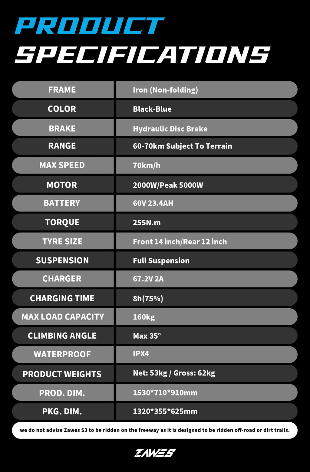 Electric Motorcycle ZAWES S3 60V 23.4AH E-Cross Bike Hydraulic brakes 46MPH 2000W Mountain Off-Road Ebike