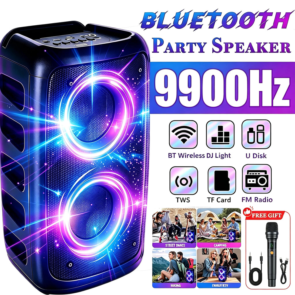 9900Hz Professional Large Bluetooth Speaker with Microphone, Portable Design, Featuring  Subwoofer Party Box, LED Lights, Compatible with BT/USB/TF/AUX/FM/TWS/MIC/EQ Functions, Professional Karaoke. Ideal Gift for Birthdays,