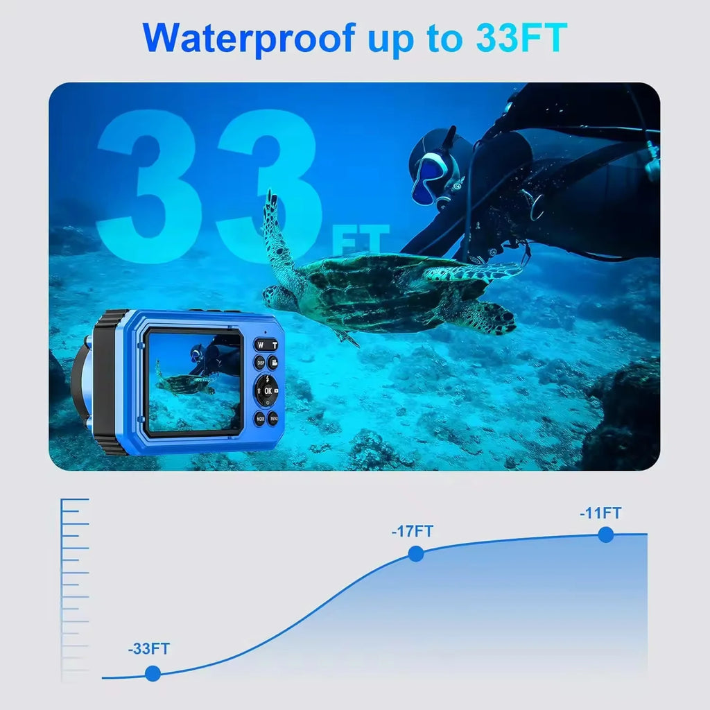 4K Underwater Camera 33FT Waterproof Camera for Snorkeling Dual-Screen Compact Dustproof Floatable Autofocus 64MP Digital Camera