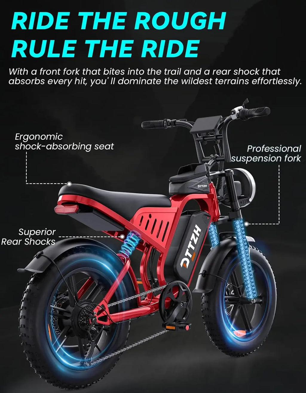 DTTZH F6S Electric Bike for Adults, 2000W Peak 40MPH 48V 25Ah Removable Battery, 20"x4.0" Fat Tire Full Suspension 7-Speed E-Bike, NFC Unlock, UL 2849 Certified, 1 Year Warranty