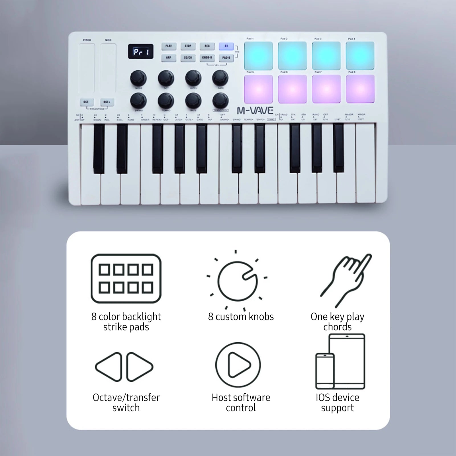 M-VAVE SMK-25 Keys 8 Backlit Drum Pads MIDI Keyboard Professional Beat Maker Keytar for Keyboard Music Production Builtin