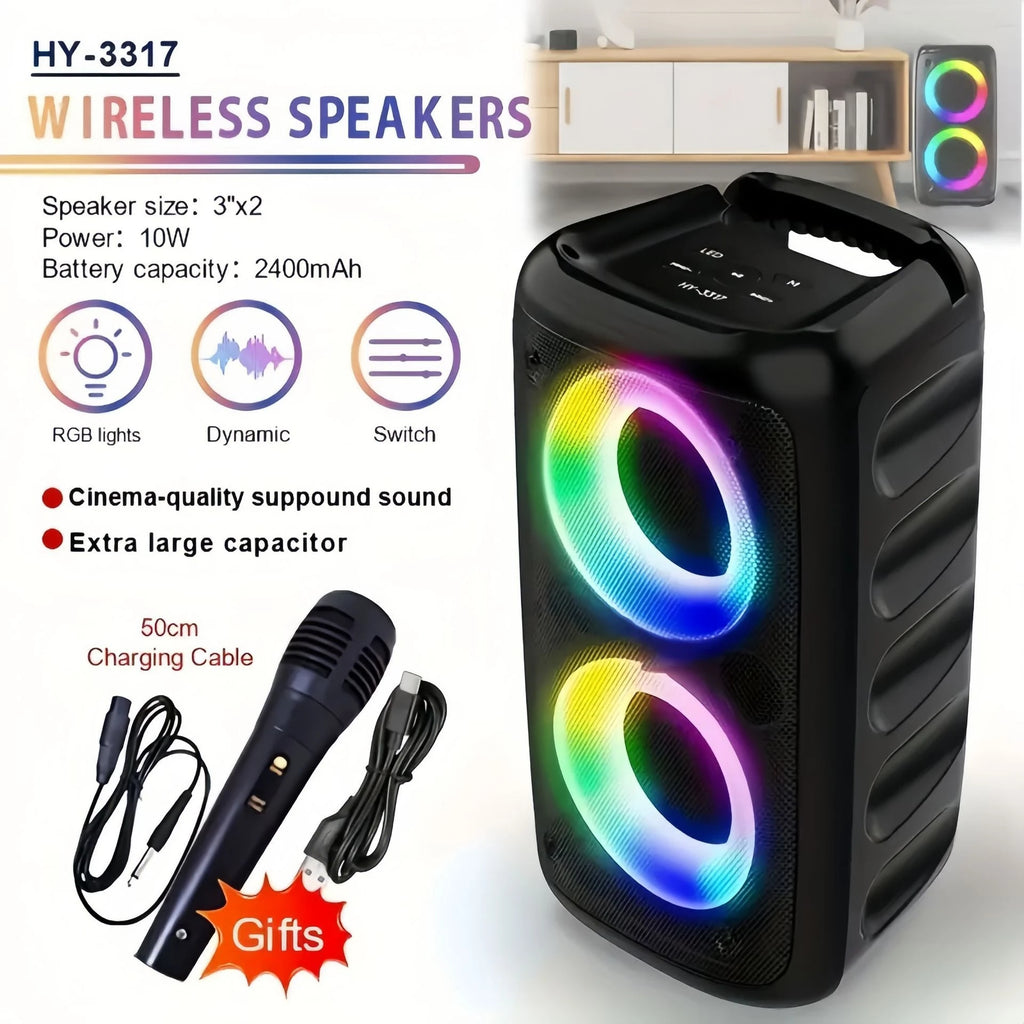 ZNLYRION HY-3317 Portable Bluetooth Karaoke Speaker Dual 3 Inch 10W RGB Ring Light TWS Wireless Stereo Speaker With Wired Mic 2400mAh Rechargeable Battery