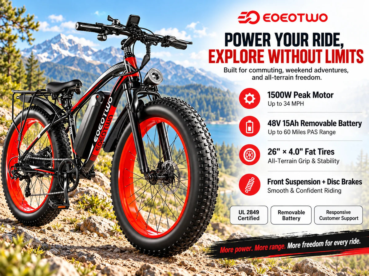 EOEOTWO 26" Fat Tire Electric Bike for Adults, 1000W Motor 1500W Peak, 48V 15Ah Battery, 34 MPH Max Speed, Up to 60 Miles Long Range