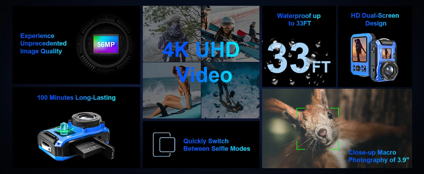 4K Underwater Camera 33FT Waterproof Camera for Snorkeling Dual-Screen Compact Dustproof Floatable Autofocus 64MP Digital Camera