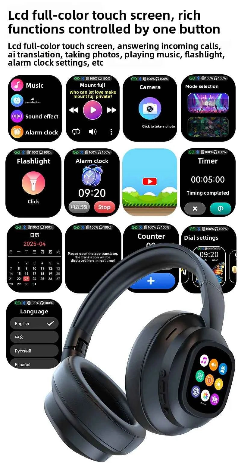 New HYUNDAI X1PRO Wireless Bluetooth 6.0 HIFI Headphone, 100+Languages,With Magnetic Touch Control LED Screen