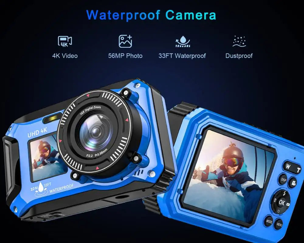 4K Underwater Camera 33FT Waterproof Camera for Snorkeling Dual-Screen Compact Dustproof Floatable Autofocus 64MP Digital Camera