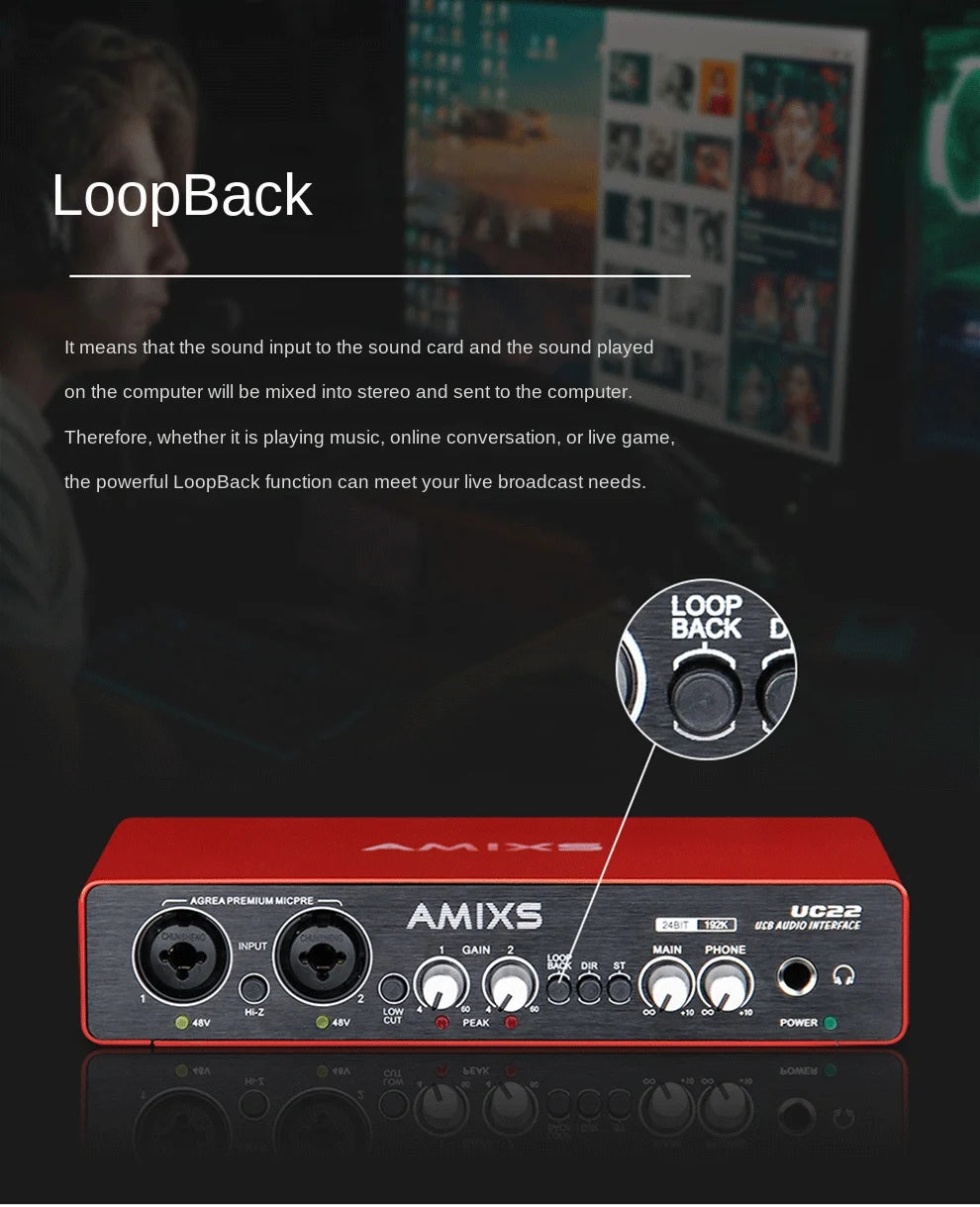 AMIXSQ22 Audio Interface for Recording Computer Free Drive USB External Sound Card for Pc Pro Audio Equipment Professional Video