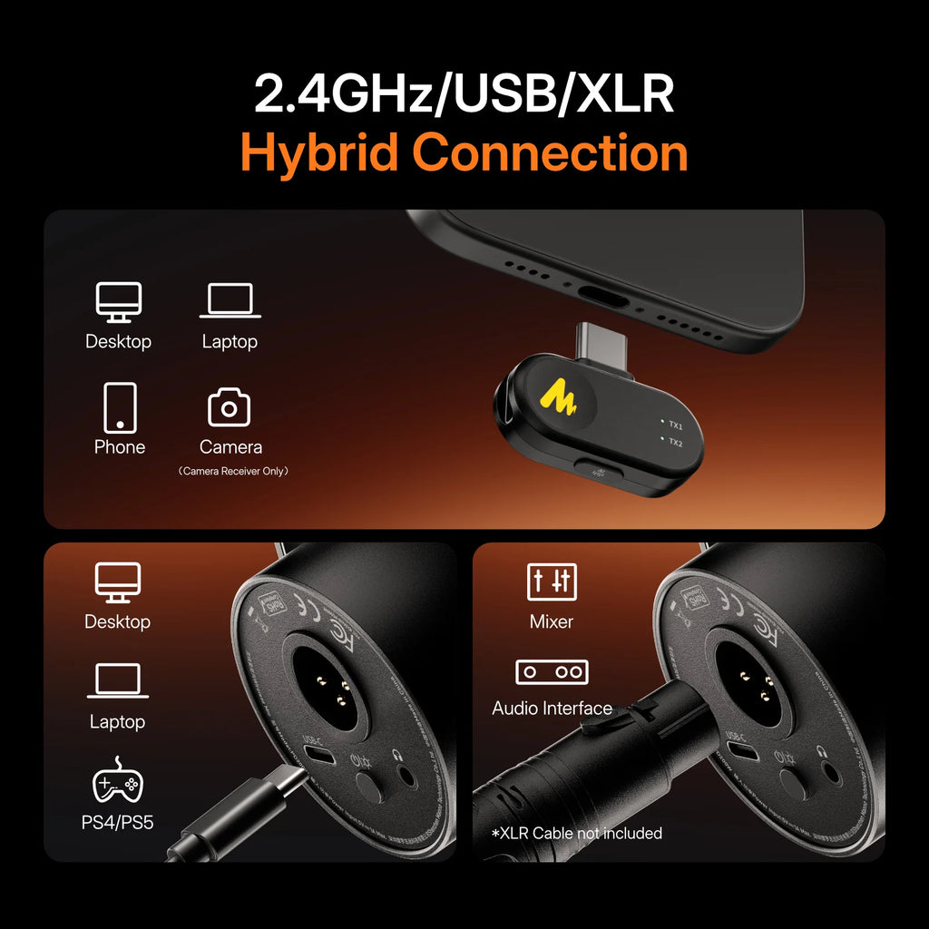 PD200WS Hybrid Wireless Microphone for Phone PC XLR/USB Dynamic Microphone for Podcasting Gaming Live Streaming Recording