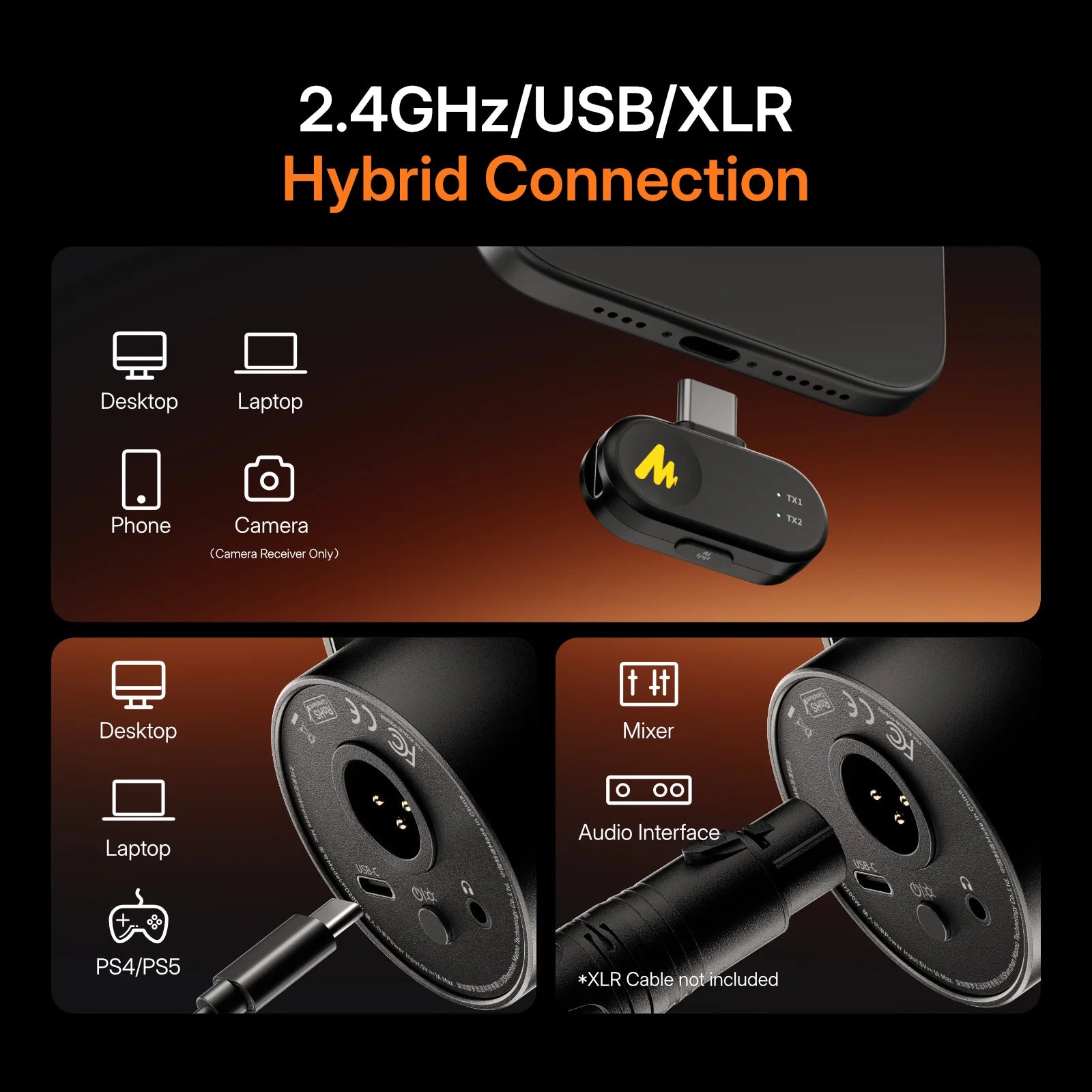 PD200WS Hybrid Wireless Microphone for Phone PC XLR/USB Dynamic Microphone for Podcasting Gaming Live Streaming Recording