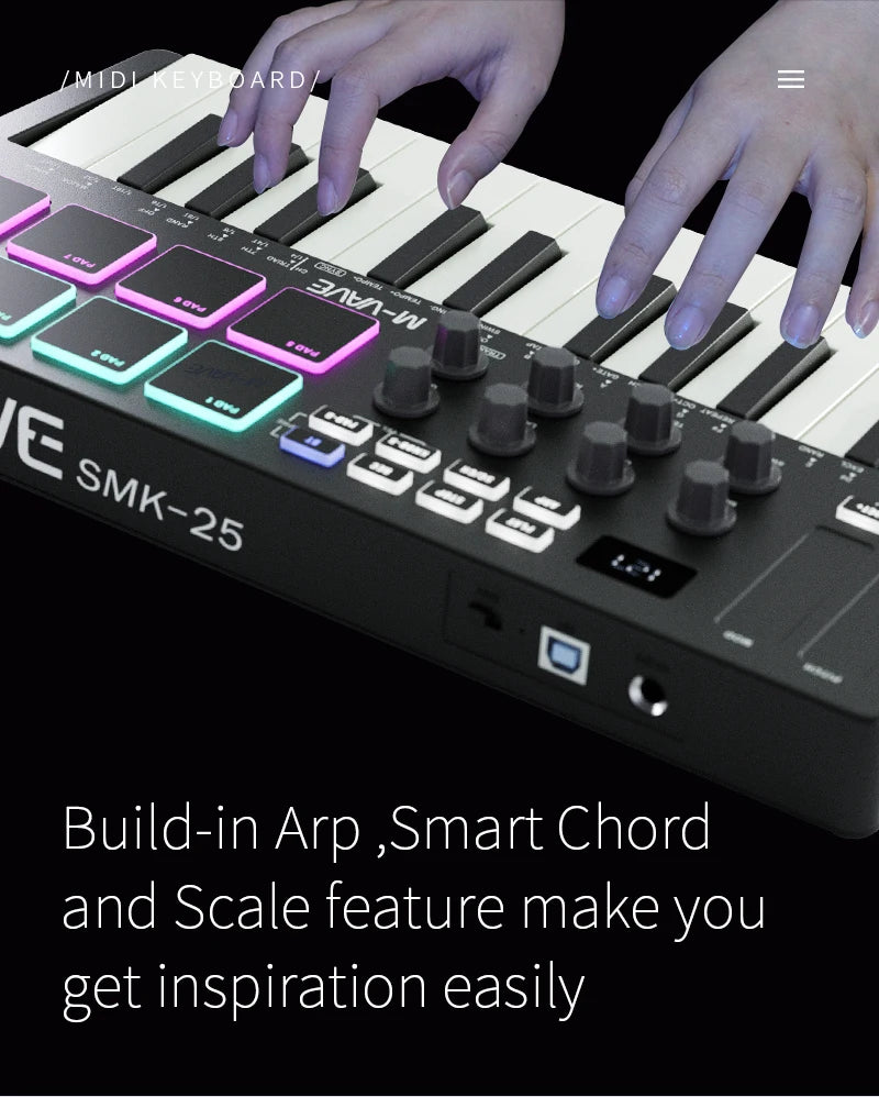 M-VAVE MIDI Keyboard Controller Beat Maker Machine Rechargeable 25 Keys MIDI Keyboard Arranging Strike Pad RGB MIDI Assignable
