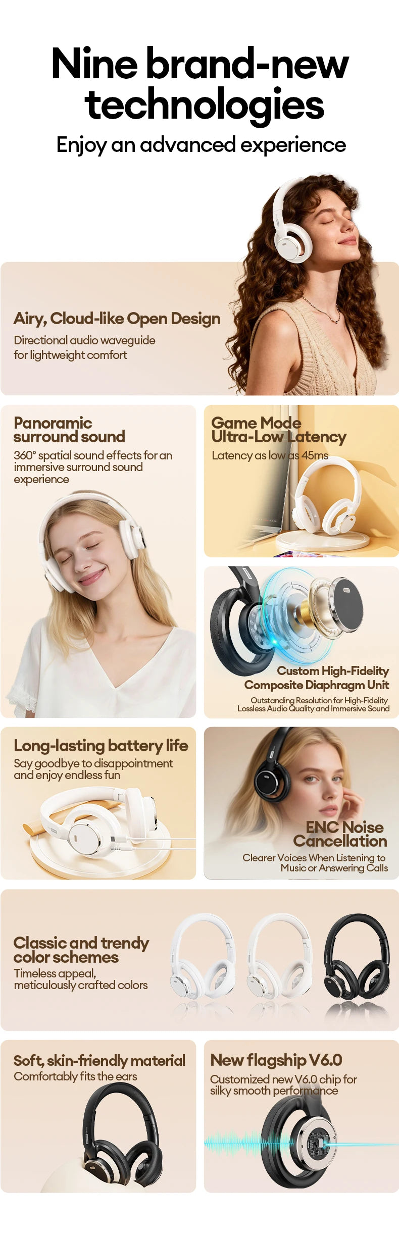 Choice Lenovo Gaming Headset Wireless Bluetooth 6.0 Earphones Foldable Sport Over Ear Headphone with HD Mic Gifts