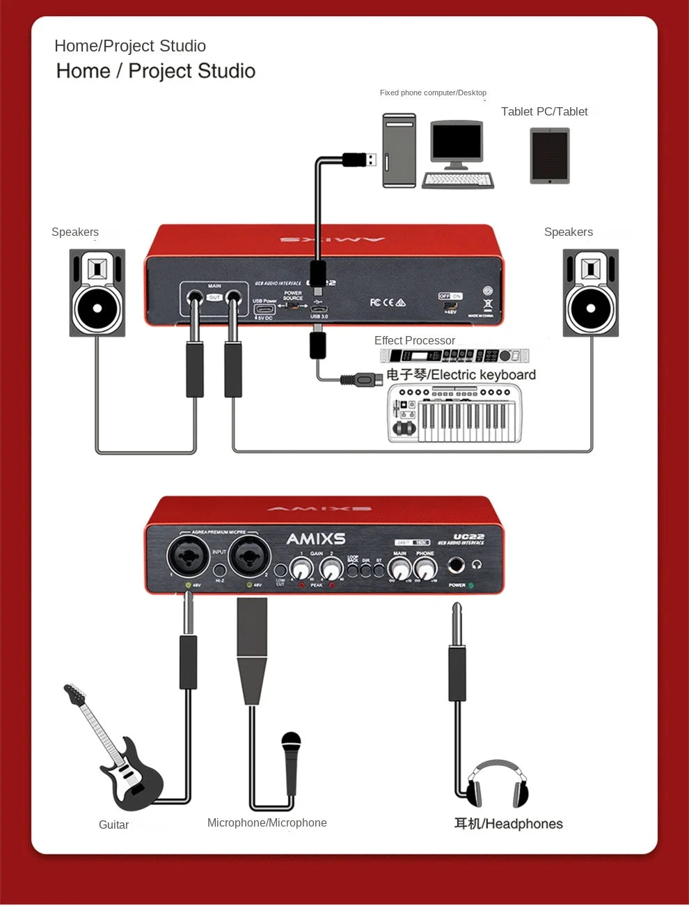 AMIXSQ22 Audio Interface for Recording Computer Free Drive USB External Sound Card for Pc Pro Audio Equipment Professional Video