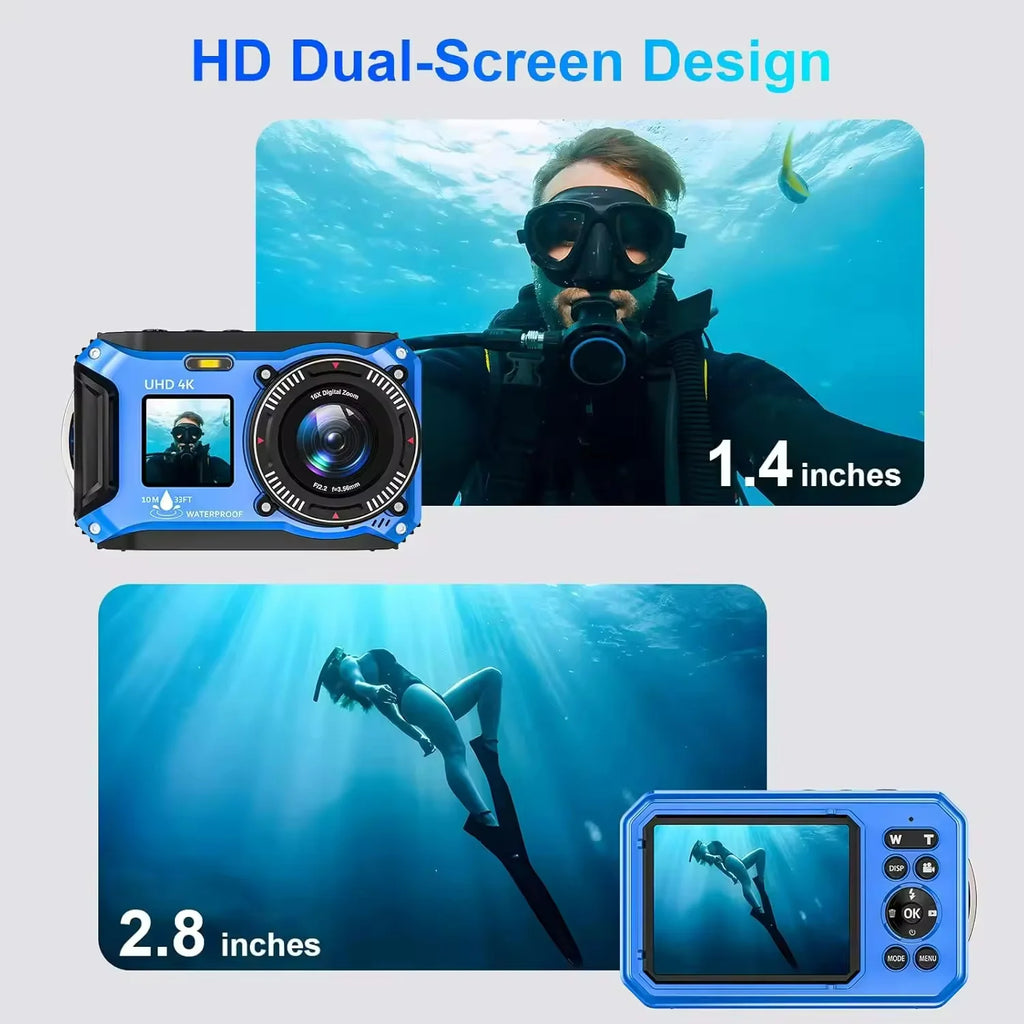 4K Underwater Camera 33FT Waterproof Camera for Snorkeling Dual-Screen Compact Dustproof Floatable Autofocus 64MP Digital Camera