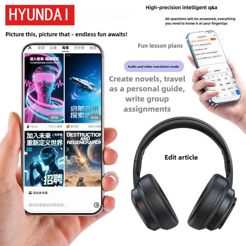 New HYUNDAI X1PRO Wireless Bluetooth 6.0 HIFI Headphone, 100+Languages,With Magnetic Touch Control LED Screen