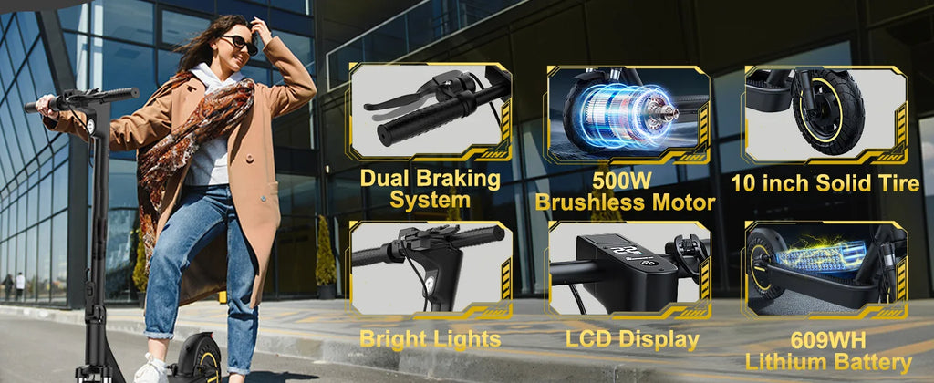 10'' Electric Scooter, 500W Powerful Motor & 22MPH Top Speed, 28 Miles Range, Folding E Scooter with Dual Braking for Teens and Adults Commuting