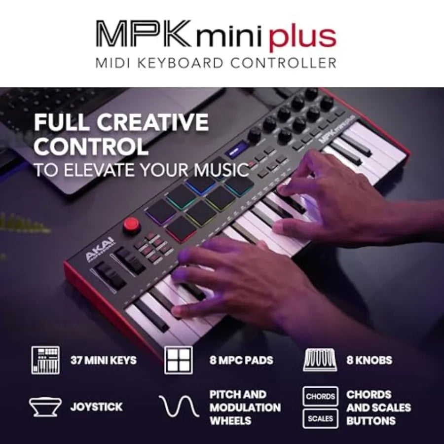 Akai MPK Mini Plus MIDI Keyboard Controller with 37 Mini Keys, 8 MPC Pads, and Sequencer Features
