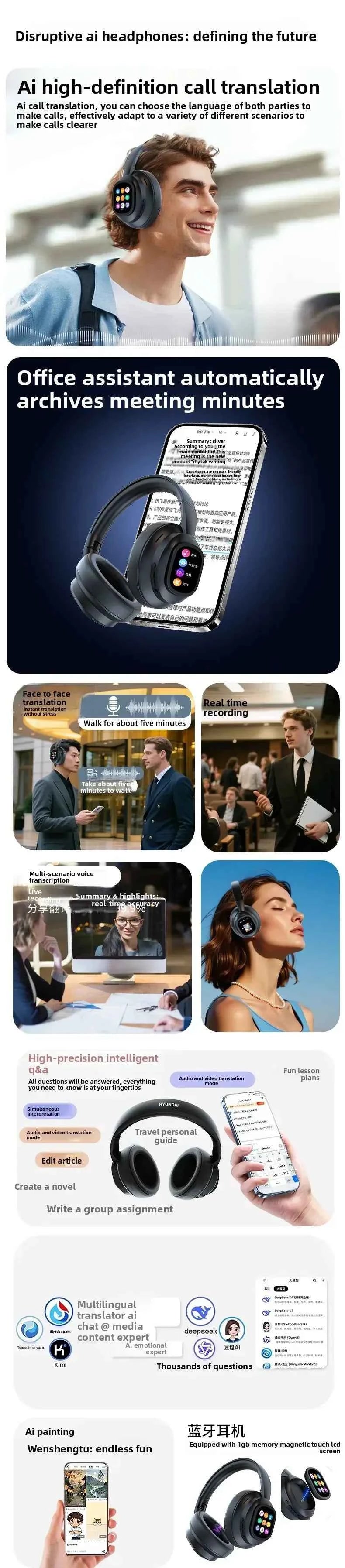 New HYUNDAI X1PRO Wireless Bluetooth 6.0 HIFI Headphone, 100+Languages,With Magnetic Touch Control LED Screen